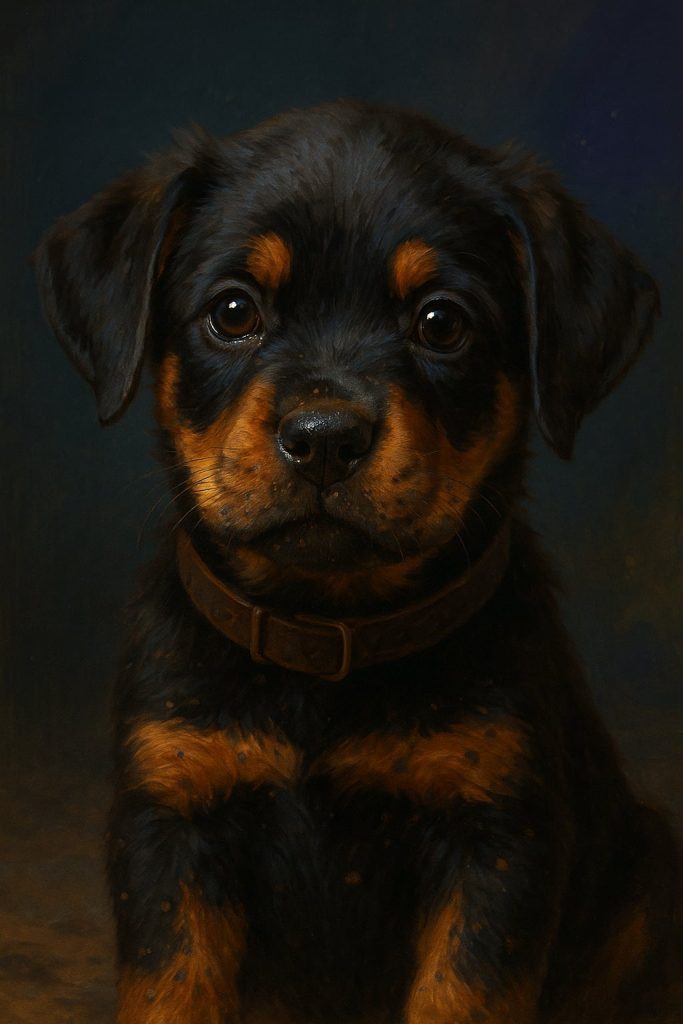 Roxi pies Roniego jako szczenię.
Portret z bliska, głowa i pierś w centrum kadru.
Rottweiler o czarnej sierści z rudymi znaczeniami.
Ma duże, błyszczące brązowe oczy i lekko zabrudzony nosek.
Na szyi widać ciemny, zużyty kołnierz skórzany.
Tło rozmyte i ciemne, o ciepłym oświetleniu.
Wyraz pyska spokojny i ufny.