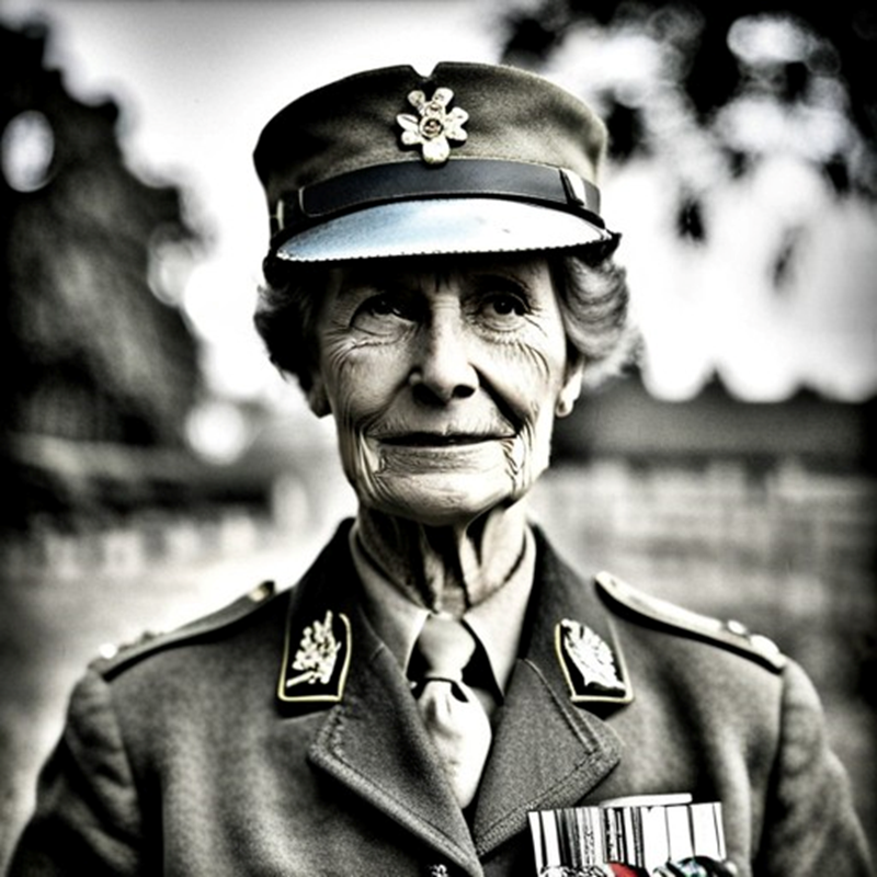 Genowefa matka Roniego. Starsza kobieta o wyraźnych zmarszczkach i spokojnym, czujnym spojrzeniu. Ma wojskową czapkę z emblematem i ciemny mundur z medalami na piersi. Siedzi wyprostowana i patrzy w obiektyw. Boczne światło podkreśla rysy oraz fakturę tkanin. Tło jest gładkie i rozmyte, jak w klasycznym portrecie czarno białym.