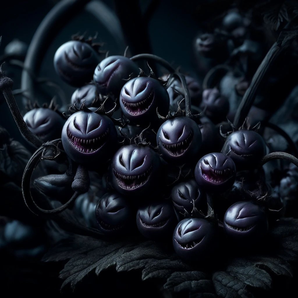 Ciemno granatowe jagody mroku wyciągają swoje cierniowe ręce do podróżnika. Wyłaniają się z mroku, który symbolizuje smutek po stracie bliskich.