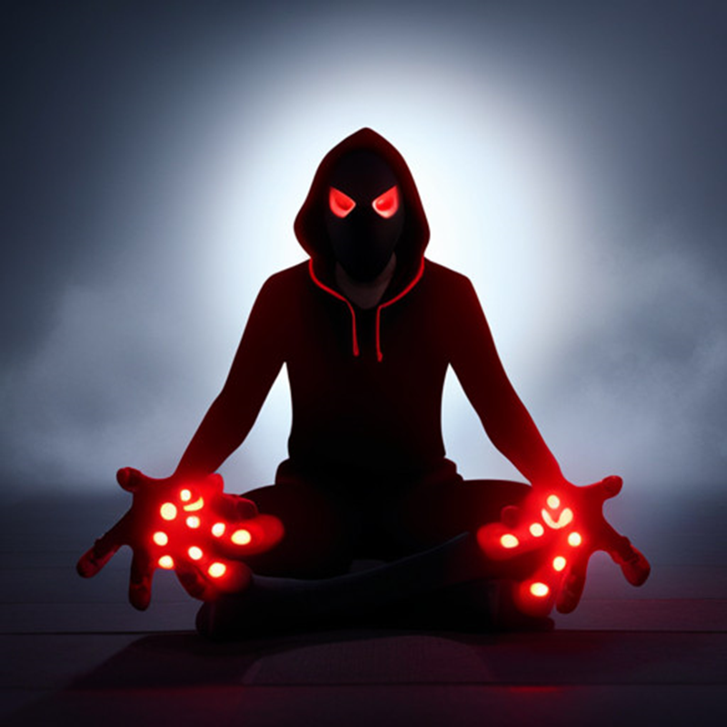 Postać w czarnym kapturze siedząca po turecku, z czerwonymi świecącymi oczami i dłońmi