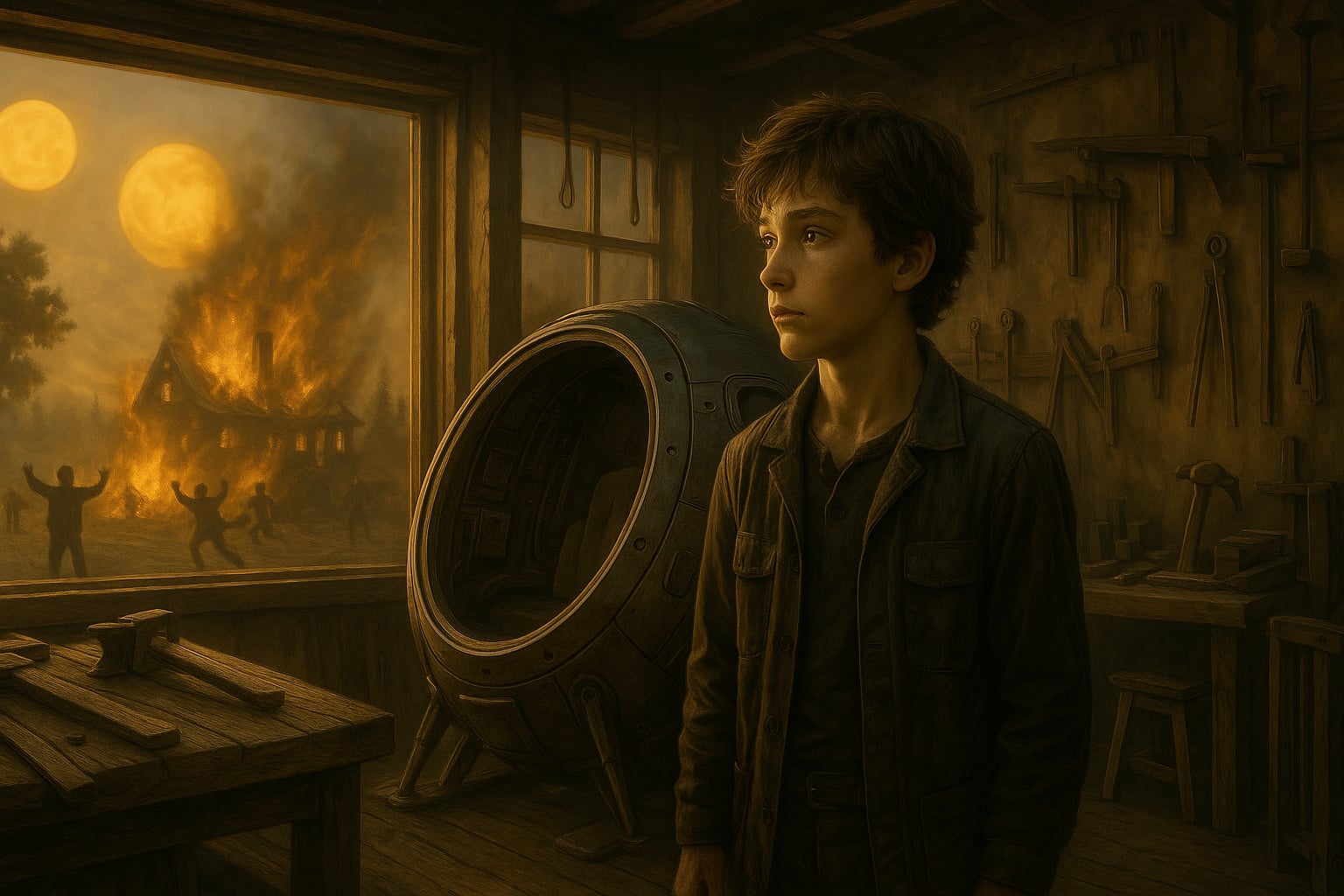 Wnętrze warsztatu oświetlone złotym blaskiem dwóch słońc. Na pierwszym planie młody Roni Alien stoi obok otwartej kapsuły kosmicznej, którą przygotował jego ojciec. W tle, za oknem, widać fragment lasu podzielonego światłem i cieniem oraz dom pana Loriana trawiony przez ogień. Nad nim unoszą się języki płomieni, a na ulicy ludzie uciekają w panice, unosząc ręce ku niebu. Cała scena łączy codzienność warsztatu z dramatem płonącego miasta i nadchodzącym pożegnaniem planety.
