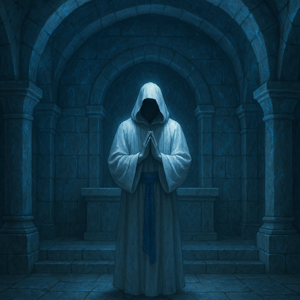 Scena przedstawia nocne obrady Ario’haim, odbywające się w ciszy podziemnej kaplicy Ariosa. Przestrzeń otaczają łuki i filary z białego piaskowca, które połyskują chłodnym, błękitnym światłem odbitym od żywicy z kwiatów Arioris. Kamień jest porowaty i wilgotny, a na jego powierzchni widać cienkie linie spoiw, które pulsują delikatnie niczym żyły oddychającego organizmu. Na środku komnaty stoi Ario’haim. Jego sylwetka jest nieruchoma, a postawa wyprostowana, jakby trwał pomiędzy modlitwą a czuwaniem. Biała szata okala go ciężkimi fałdami materiału, a niebieska wstęga w świetle Lumy przybiera ton głębokiego kobaltu. Kaptur całkowicie zakrywa jego twarz, dlatego światło osiada na materiale jak na pustej powierzchni, nie ujawniając żadnego rysu. Zgaszone lampy pozostawiają przestrzeń w półmroku. Jedyne światło pochodzi z samego wnętrza — ze ścian, posadzki i żywicy, która jakby pamiętała minione dni. Odbicia tworzą na kamieniu refleksy przypominające powolny ruch wody. Nad ołtarzem drgają maleńkie krople żywicy, które w świetle wyglądają jak zawieszone w powietrzu gwiazdy. W całej komnacie panuje głęboka cisza. Da się jednak wyczuć rytmiczny puls rzeki Riven’haim płynącej niedaleko podziemi. Jej echo powraca w kamieniu, jakby samo serce świata biło tuż pod posadzką. Ario’haim nie śpiewa ani nie mówi. Jedynie trwa, jakby prowadził rozmowę, której nie słychać. Czasem lekko porusza dłońmi, jakby dotykał niewidzialnych nici światła. W tej chwili nie jest już tylko kapłanem. Staje się czymś pomiędzy świadkiem, strażnikiem i częścią samego blasku Lumy.