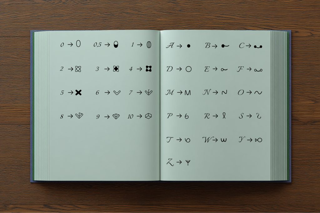 Obraz przedstawia symboliczne odwzorowanie liter obecnych w języku Adeka w piśmie odręcznym