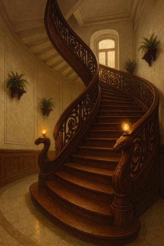 spiralne schody z orzechowego drewna wznoszą się ku górze, a ich poręcze zdobią głowy węży z żarzącymi się w oczach lampkami. Na marmurowych ścianach widnieją półeczki z paprociami, przez wysokie okno wpada miękkie, złote światło.