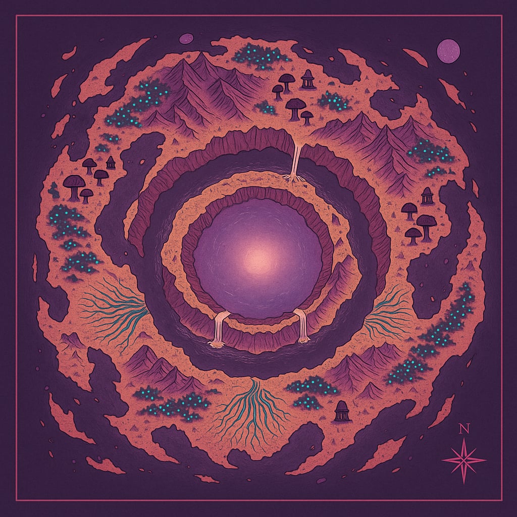 Mapa świata Uxorium pokazuje pierścieniowy superkontynent.
Wewnątrz leży jasne jezioro, a wodospady spływają do kotliny.
Widać bioluminescencyjne lasy, góry, świątynie i grzybowe gaje.
Użyj tej mapy, aby nawigować po regionach.