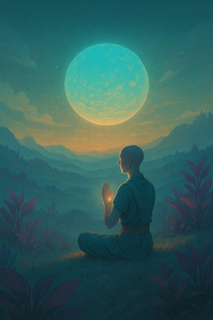 Panoramiczny widok przedstawia samotnego Orianina siedzącego na skalnym wzgórzu.
Postać, ubrana w prosty rytualny strój, ma dłonie złożone w geście modlitwy.
Przed nią rozciąga się bezkres dolin i mgieł w chłodnych odcieniach turkusu i szmaragdu.
Centralnym punktem kompozycji jest ogromne turkusowe słońce Solaris, rozświetlające niebo miękkim złotym blaskiem.
W oddali widać ostre szczyty gór, które giną w przejrzystej atmosferze planety.
Całość tworzy wrażenie duchowej ciszy i harmonii między modlitwą a kosmicznym światłem.