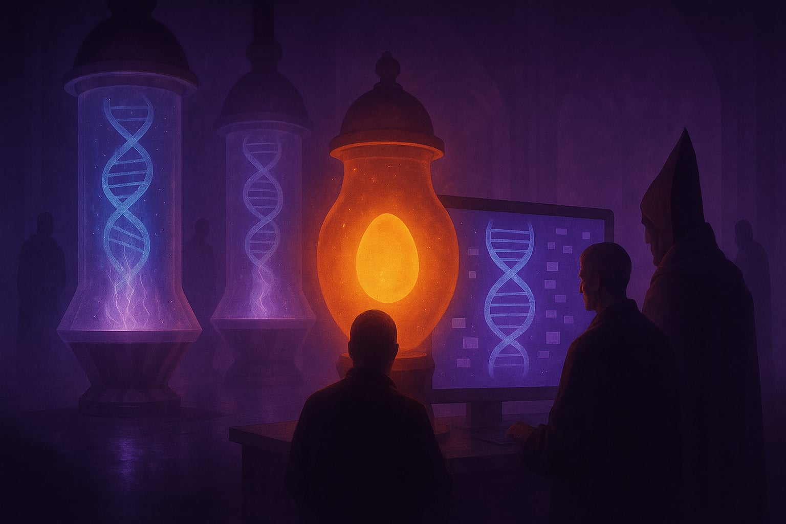 W mrocznym laboratorium panuje chłodna, fioletowo-niebieska poświata. Na pierwszym planie trzej naukowcy stoją przed dużym ekranem, na którym świeci schemat spirali DNA. Za nimi wznoszą się trzy szklane cylindry. Dwa z nich wypełniają niebieskie, pulsujące helisy, natomiast środkowy rozświetla ciepłe pomarańczowe światło. W jego wnętrzu unosi się jajko, które promieniuje łagodnym blaskiem, kontrastując z chłodem sali. Ściany toną w półmroku, sylwetki kolejnych badaczy majaczą w tle. Cała scena sprawia wrażenie, jakby nauka i rytuał spotkały się w jednym miejscu.