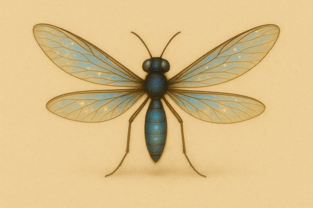Atlasowa rycina przedstawiająca pojedynczego owada Nures z świata Oriona na neutralnym tle przypominającym pergamin.
Owady te mają smukłe, segmentowane ciało o delikatnej, krystalicznej strukturze i duże soczewkowate oczy.
Ich półprzezroczyste skrzydła rozchylają się szeroko, a wewnątrz nich widoczne jest błękitno-bursztynowe światło bakterii fotonujących.
Światło rozchodzi się łagodnie ku krawędziom skrzydeł, tworząc subtelną poświatę.
Pod owadem widoczny jest miękki cień, który podkreśla formę i proporcje ciała.
Całość zachowuje charakter naukowej ryciny atlasowej i skupia uwagę na budowie gatunku.