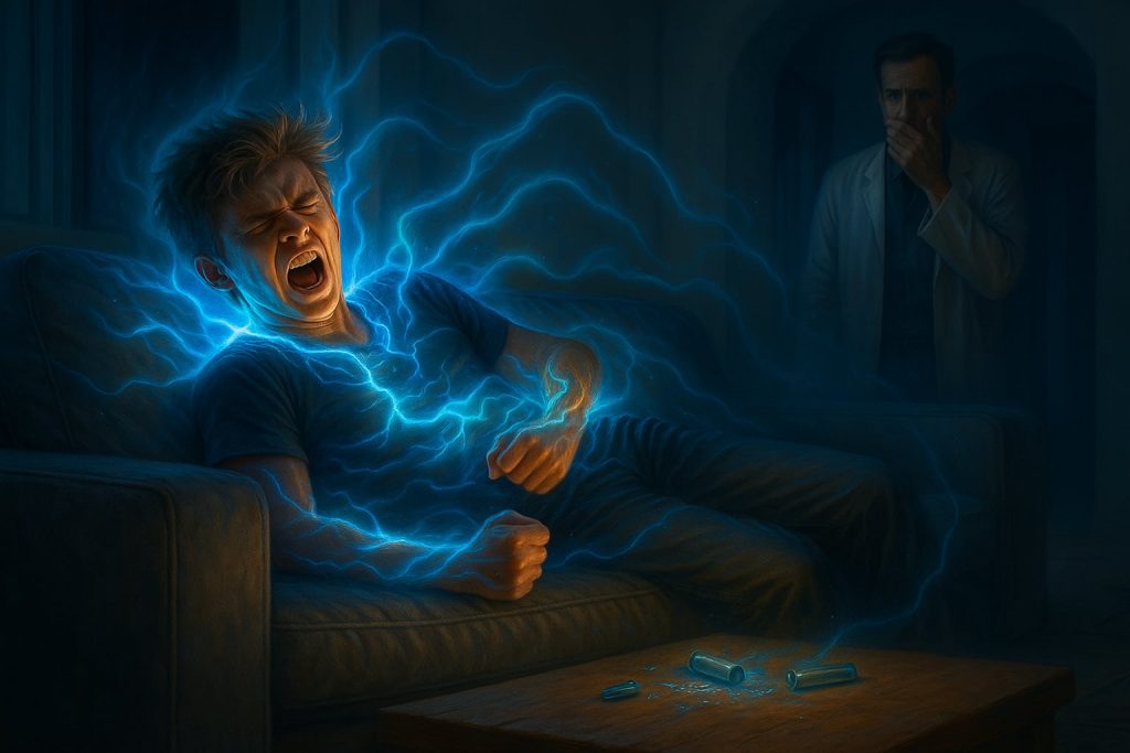 W domu o gładkich ścianach z piaskowca leży Jaris, młody Orion z jasnymi włosami i smukłą sylwetką.
Jego ciało drży, a spod skóry przenika błękitno-pomarańczowe światło Onirusa, które oplata go jak wstęgi energii.
Ma zaciśnięte dłonie i lekko odchyloną głowę, jakby próbował złapać oddech.
Na podłodze obok kanapy z włókien Oriatusa leżą rozbite fiolki z esencją Ariosa.
Po prawej stronie stoi jego ojciec Roni — mężczyzna o ciemnych włosach, ubrany w biały fartuch przypominający lekarski płaszcz.
Trzyma dłoń przy ustach, z twarzą napiętą od bezsilności, gdy cały pokój wypełnia drgające światło.