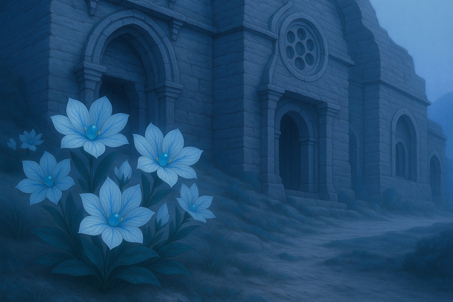 Dziedziniec pałacu Ariosa zbudowanego z wulkanicznego piaskowca o złocistych i brązowych odcieniach. Kamienne ściany mają naturalne warstwy i miękkie zaokrąglenia typowe dla erozji. W centrum kadru widać wejście do podziemnej kaplicy — ciemny otwór drzwiowy w cieniu, otoczony prostymi łukami wykutymi w skale. Światło zachodzącego słońca oświetla fragmenty muru, uwydatniając fakturę kamienia oraz delikatny połysk żywicy w spoinach. Na pierwszym planie rosną kwiaty Arioris: białe płatki z jasnoniebieskimi żyłkami, lekko przeświecające w ciepłym świetle. Ziemia wokół jest sucha i piaszczysta, z pojedynczymi kępami traw. Cała scena jest spokojna, realistyczna i utrzymana w ciepłym, miękkim świetle końca dnia.