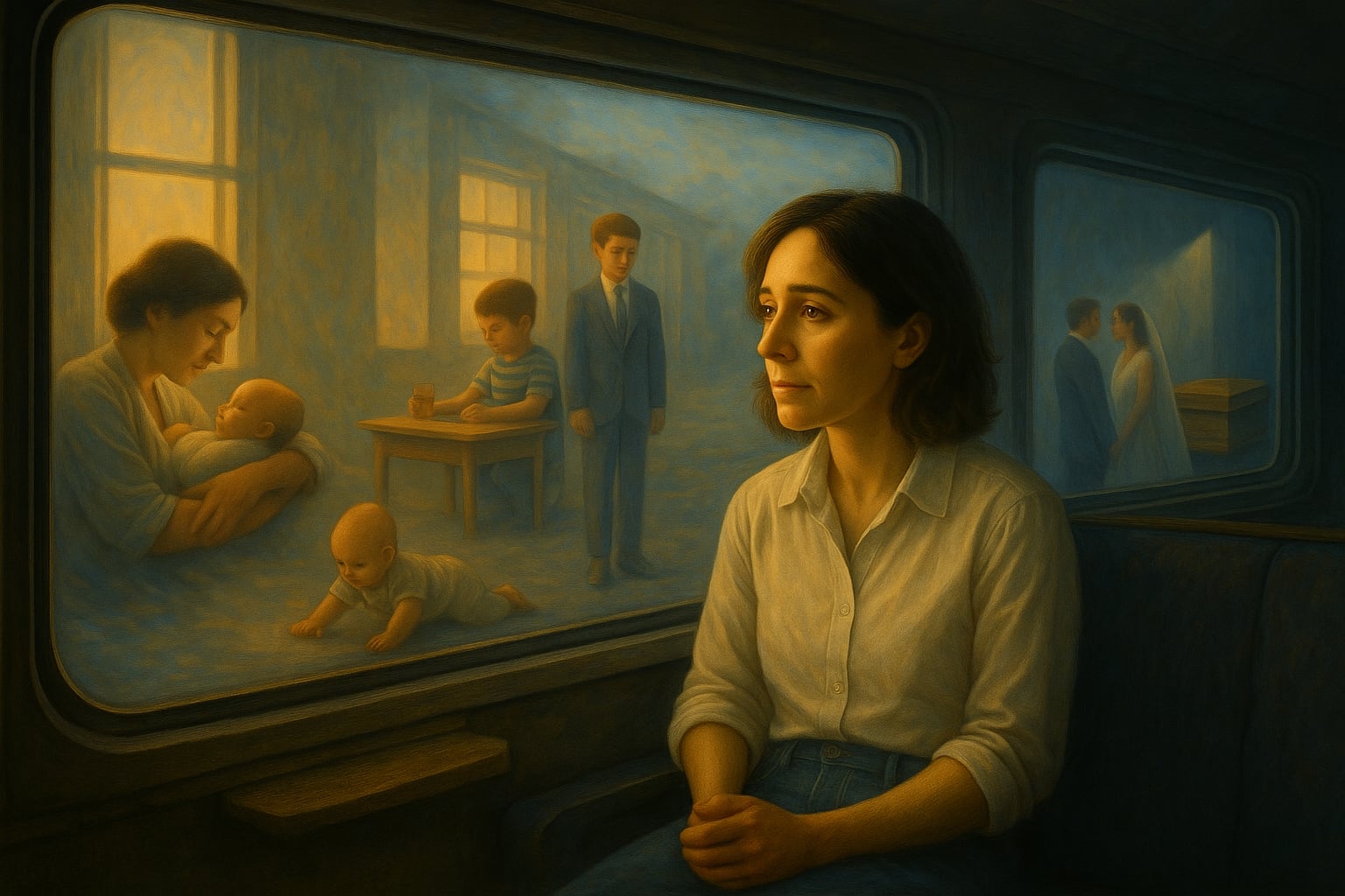 Roni jeszcze w ciele Janki, dwudziestopięcioletni podróżnik, siedzi samotnie w wagonie pociągu życia i spogląda przez szerokie okno, za którym przesuwają się obrazy jego przeszłości. Widać matkę tulącą go jako niemowlę, jego pierwsze kroki, dzieciństwo w przedszkolu, młodość w szkolnym mundurku oraz scenę ślubu. W oddali pojawia się trumna, oświetlona miękkim światłem. Ciepłe bursztynowe i błękitne tony tworzą atmosferę refleksji nad przemijaniem i sensem drogi, którą odbywa.