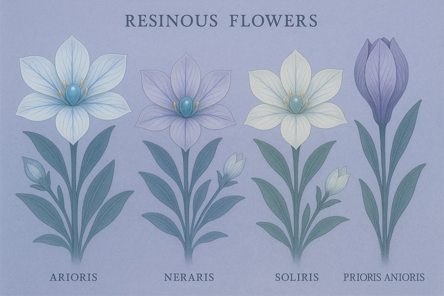 Ilustracja atlasowa przedstawia cztery gatunki kwiatów żywicznych z planety UXologic, ustawione w jednym rzędzie na chłodnym, fioletowo-niebieskim tle. Każdy gatunek ukazano w pełnej formie – z łodygą, liśćmi i kwiatem, w stylu realistycznej ryciny botanicznej. Z lewej strony znajduje się Arioris – roślina o sześciu białych płatkach z błękitnymi żyłkami. W centrum kwiatu błyszczy okrągła, przezroczysta kulka żywiczna w kolorze akwamarynu, otoczona żółtymi pręcikami. Liście lancetowate, ciemnozielone z lekkim połyskiem. Obok stoi Neraris – o płatkach srebrzysto-fioletowych, delikatnie prześwitujących. Jej żywiczna kulka ma barwę turkusową, a całość wydaje się lekko chłodniejsza w tonie. Trzeci gatunek to Soliris, o perłowo-kremowych płatkach z subtelną zielonkawą kulką żywiczną w środku. Jego liście są jaśniejsze i bardziej miękkie w rysunku, jakby rosły w wilgotnym klimacie. Po prawej widnieje Prioris Anioris – wysoki kwiat o zamkniętym kielichu przypominającym tulipana. Jego płatki mają kolor mlecznej purpury z ciemniejszymi fioletowymi żyłkami, a struktura jest woskowa i gładka. Liście wąskie, symetryczne, wyrastające z długiej łodygi. Cała scena ma spokojne, chłodne oświetlenie z lekką mgłą, typową dla metanowo-siarkowodorowej atmosfery planety UXologic.