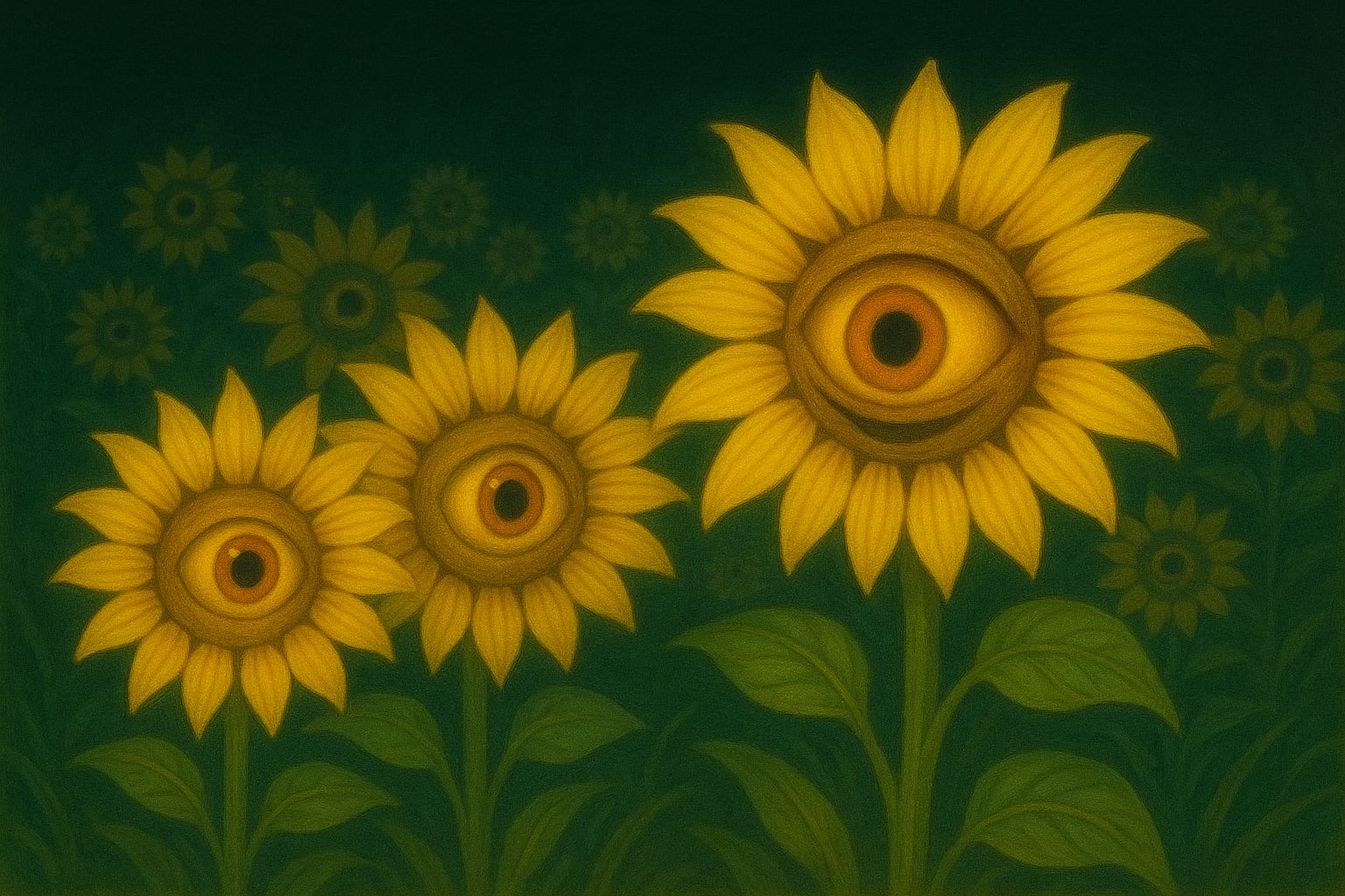 Grupa wysokich słoneczników wyrasta z ziemi o barwie rdzy. Każdy kwiat ma ogromny, ciężki kielich z płatkami w odcieniach starego złota. W centrum nie widać ziaren, lecz lśniące, wilgotne oczy przypominające ludzkie źrenice. Ich spojrzenia kierują się w jedną stronę, jakby wszystkie obserwowały niewidzialnego wędrowca. Płatki drżą delikatnie od wiatru, a powietrze wokół zdaje się gęste i ciepłe. W tle majaczą pnącza bluszczu, które wiją się między łodygami. Atmosfera jest cicha, lecz napięta, jak tuż przed rozmową, której nikt nie chce rozpocząć.