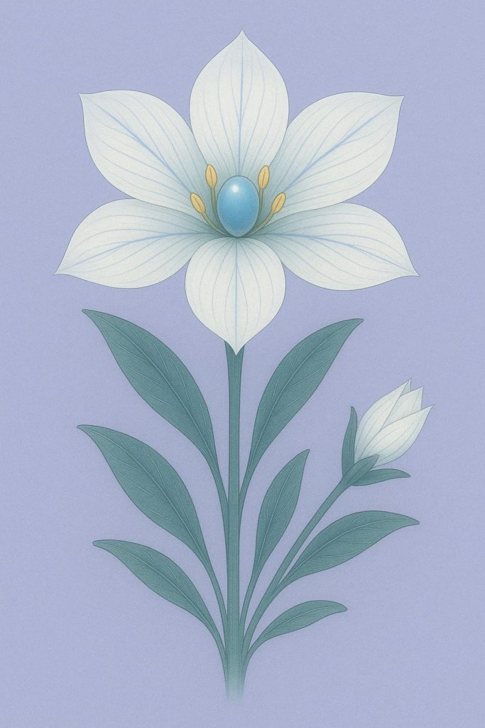 Ilustracja atlasowa przedstawia kwiat Soliris o sześciu perłowo-białych płatkach z delikatnymi niebieskimi żyłkami. W centrum znajduje się kulka żywiczna w kolorze jasnego błękitu otoczona żółtymi pręcikami. Płatki mają lekko kremowy połysk i łagodnie rozchylają się w symetrycznej kompozycji. Liście są smukłe, zielono-niebieskie i miękkie w kształcie, wyrastają z prostej łodygi, obok której widoczny jest mniejszy pąk. Całość utrzymana jest w chłodnym, pastelowo-fioletowym świetle, charakterystycznym dla metanowo-siarkowodorowej atmosfery planety UXologic.