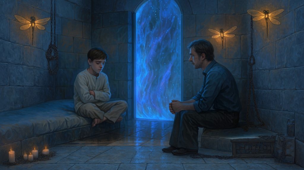 Roni siedzi naprzeciwko swojego nastoletniego syna Jarisa w kamiennej sali kliniki Nuri.
Między nimi widać błękitno-fioletową bramę z esencji Ariosa, przypominającą falującą wodę.
Jej światło delikatnie rozświetla ich twarze i odbija się na podłodze.
Na ścianie obok świeci lampa w kształcie ważki.
Obaj są pogrążeni w ciszy, a scena emanuje smutkiem i duchowym napięciem.