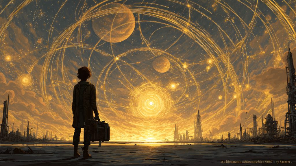 Młody chłopiec stoi samotnie na pustkowiu, trzymając w ręce metalową walizkę. Przed nim rozciąga się monumentalny krajobraz futurystycznego miasta z wieżami i zrujnowanymi konstrukcjami. Na niebie widnieje gigantyczne, złociste słońce otoczone dziesiątkami wirujących orbit i świetlistych pierścieni, które przecinają nieboskłon niczym linie kosmicznego układu. W tle unoszą się inne planety i księżyce, a całość oświetla ciepła, bursztynowa poświata. Scena ma filmowy, epicki charakter — łączy w sobie melancholię i zachwyt wobec ogromu wszechświata.