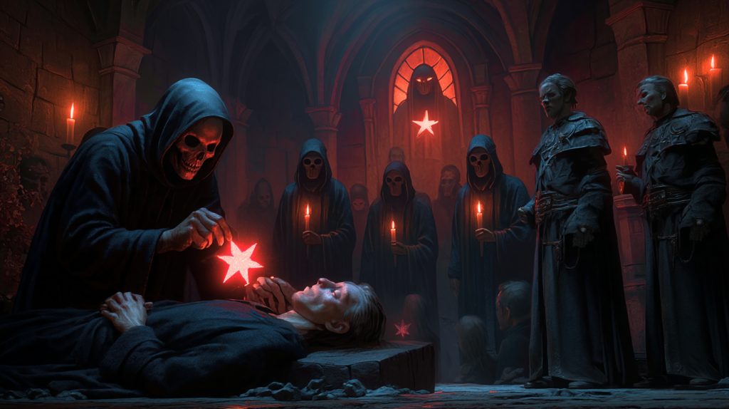 W mrocznej sali płoną świece, a ich światło tańczy na czarnych murach kaplicy. Je’haim stoją w kręgu i milczą. Każdy z nich trzyma świecę, której płomień drży od oddechu kamienia. Habity spływają do ziemi jak cień, a maski w kształcie czaszek odbijają czerwony blask.

Na ołtarzu leży człowiek o zamkniętych oczach. Nad jego twarzą pochyla się główny Je’haim. W dłoni unosi czerwoną gwiazdę, znak Jederesta. Światło symbolu pulsuje i przenika skórę zmarłego, jakby szukało drogi powrotu. W powietrzu czuć zapach wosku i metalu.

Za plecami kapłanów pojawia się cień o jarzących się oczach. To Jederest, obecny w ciszy. Jego spojrzenie nie potrzebuje słów. Światło z gwiazdy odbija się w murach, tworząc wrażenie, że kamień oddycha.