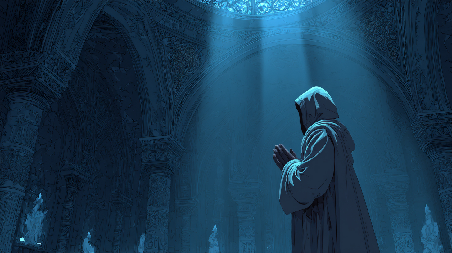 Scena przedstawia nocne obrady Ario’haim, odbywające się w ciszy podziemnej kaplicy Ariosa. Przestrzeń otaczają łuki i filary z białego piaskowca, które połyskują chłodnym, błękitnym światłem odbitym od żywicy z kwiatów Arioris. Kamień jest porowaty i wilgotny, a na jego powierzchni widać cienkie linie spoiw, które pulsują delikatnie niczym żyły oddychającego organizmu.

Na środku komnaty stoi Ario’haim. Jego sylwetka jest nieruchoma, a postawa wyprostowana, jakby trwał pomiędzy modlitwą a czuwaniem. Biała szata okala go ciężkimi fałdami materiału, a niebieska wstęga w świetle Lumy przybiera ton głębokiego kobaltu. Kaptur całkowicie zakrywa jego twarz, dlatego światło osiada na materiale jak na pustej powierzchni, nie ujawniając żadnego rysu.

Zgaszone lampy pozostawiają przestrzeń w półmroku. Jedyne światło pochodzi z samego wnętrza — ze ścian, posadzki i żywicy, która jakby pamiętała minione dni. Odbicia tworzą na kamieniu refleksy przypominające powolny ruch wody. Nad ołtarzem drgają maleńkie krople żywicy, które w świetle wyglądają jak zawieszone w powietrzu gwiazdy.

W całej komnacie panuje głęboka cisza. Da się jednak wyczuć rytmiczny puls rzeki Riven’haim płynącej niedaleko podziemi. Jej echo powraca w kamieniu, jakby samo serce świata biło tuż pod posadzką.

Ario’haim nie śpiewa ani nie mówi. Jedynie trwa, jakby prowadził rozmowę, której nie słychać. Czasem lekko porusza dłońmi, jakby dotykał niewidzialnych nici światła. W tej chwili nie jest już tylko kapłanem. Staje się czymś pomiędzy świadkiem, strażnikiem i częścią samego blasku Lumy.
