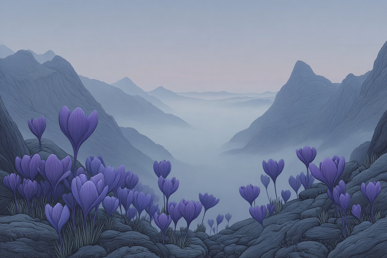 Ilustracja ukazuje wysokogórski krajobraz o łagodnych, nakładających się warstwach skalistych grzbietów, zanurzonych w fioletowej mgiełce. Na pierwszym planie widoczne są kwiaty Prioris Anioris o smukłych, zamkniętych kielichach w odcieniach mlecznej purpury z fioletowymi żyłkami. Rosną w rzędach na wulkanicznym podłożu złożonym z ciemnych kamieni i porostów. Liście mają barwę zielono-niebieską i kontrastują z głębokim fioletem płatków. W tle kolejne grupy kwiatów zanikają w oparze, tworząc wrażenie spokojnego, chłodnego zmierzchu nad górską doliną.
