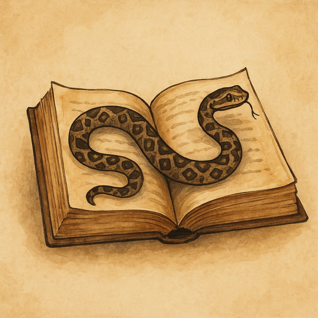 Wąż leżący na otwartej starej księdze reprezentujący potęgę uxospisków