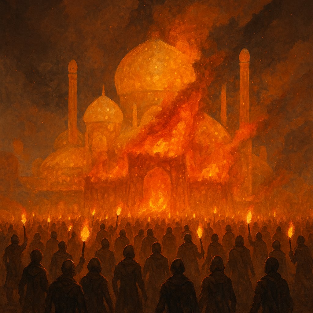 Początek Wielkiej Wojny. Mieszkańcy Ux niosąc pochodnie szturmują pałac króla Uxarniusa. Pałac w stylu indyjskim z piaskowca wulkanicznego został podpalony.