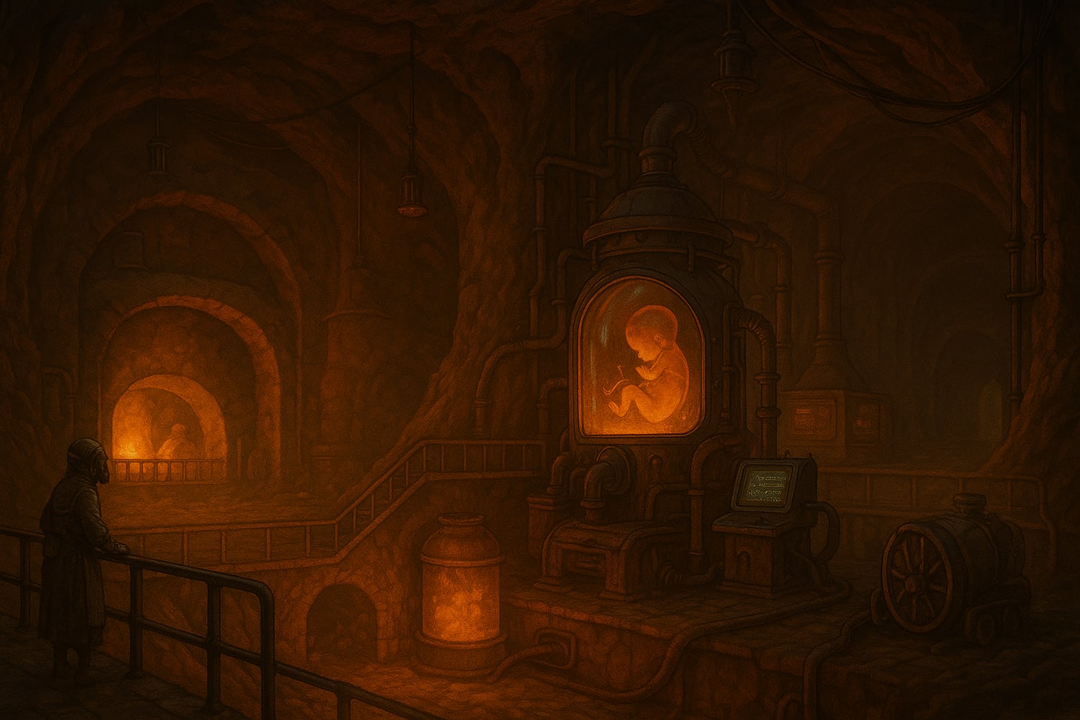 Ilustracja przedstawia rozległe, podziemne wnętrze Fabryki Orian oświetlone ciepłym, pomarańczowym blaskiem urządzeń. Ściany tworzą naturalne jaskinie z licznymi tunelami i łukowymi przejściami. Po lewej stronie stoi postać w długim płaszczu i masce gazowej, oparta o metalową barierkę i obserwująca pracę fabryki. Na pierwszym planie po prawej znajduje się duża komora inkubacyjna przypominająca metalowe jajo na masywnych nogach, w której unosi się rozświetlony, rozwijający się embrion. Z komory wychodzą liczne rury i przewody podłączone do maszyn w tle. Za inkubatorem widać kolejne zbiorniki, a droga prowadzi w głąb ciemnych tuneli. Całość ma atmosferę ciężkiej, industrialnej jaskini, w której technologia splata się z organicznym światłem.