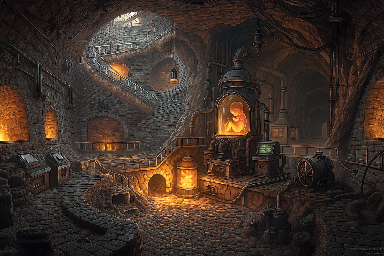 Ilustracja przedstawia ogromną jamę noworodków wewnątrz Fabryki Orian. Cała przestrzeń ma formę podziemnej jaskini z wieloma poziomami i korytarzami. Ściany zostały wykonane z nieregularnych, ciepłych kamieni ułożonych w sposób przypominający organiczną strukturę. Kamienie są ciemnoszare i porowate, a część ścian wygląda jakby była narosła naturalnie, nie zbudowana przez ręce. W centrum ilustracji znajduje się duży inkubator w kształcie metalowego jajowatego zbiornika. Jego przezroczysta przednia szyba świeci intensywnym pomarańczowym światłem, a w środku unosi się humanoidalny noworodek w pozycji embrionalnej. Inkubator ma liczne rury oplatające jego powierzchnię i łączące go z infrastrukturą jamy. Te rury wyglądają jak technologiczne odpowiedniki korzeni lub żył, co podkreśla hybrydowy, biologiczno-techniczny charakter fabryki. Obok inkubatora stoi konsola z zielonym, podświetlonym ekranem oraz kilka cylindrycznych pojemników, które mogą służyć do przechowywania energii lub substancji odżywczych dla noworodków. Po lewej stronie obrazu znajduje się ściana z wieloma niszami piecykowymi emitującymi pomarańczowe światło. Ich ciepło rozświetla jamę i podkreśla jej przytulny charakter. W dolnej części ilustracji biegną kamienne schody prowadzące do niższego poziomu jamy, gdzie znajduje się kolejny zbiornik z intensywnym światłem w środku. Jego poświata odbija się na kamiennych płytach podłogi. W głębi sceny widać spiralną rampę przymocowaną do ściany jaskini. Jej balustrady są metalowe, a powierzchnia rampy wznosi się wyżej aż do otworu w suficie, przez który wpada delikatne, chłodniejsze światło. Rampy prowadzą do kolejnych otworów w ścianach, przypominających wejścia do mniejszych komór. Cała jama ma atmosferę ciepła, pulsującego światła i ciągłego procesu. Nie ma tu żadnych istot, ale obecność inkubatorów, piecy i przewodów sugeruje, że jest to miejsce intensywnej, nieprzerwanej pracy związanej z narodzinami nowych Orian.