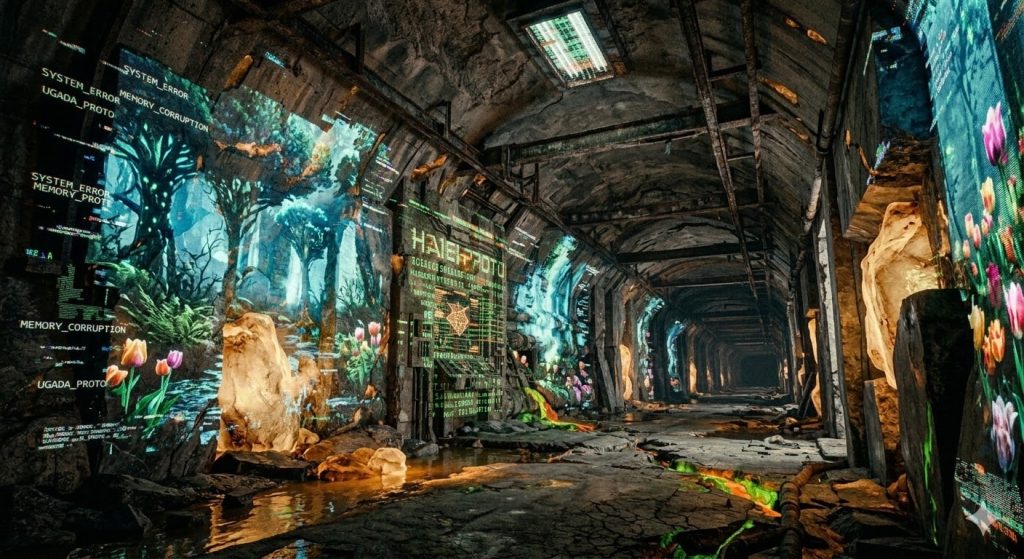 Szerokie, surowe ujęcie z poziomu gruntu przedstawiające wnętrze monumentalnego, postapokaliptycznego tunelu na planecie Ugada, wieki po Wielkiej Wojnie. Architektura to brutalistyczny beton zmieszany z kruszonym miodowym bursztynem, co nadaje strukturom mętny, woskowy, ciepły odcień, kontrastujący z ciemnym marmurem i rdzą. Sklepienie tunelu tworzą potężne, niszczejące łuki opierające się na masywnych filarach, ciągnące się w nieskończoność w mroczną dal.

Ściany tunelu są częściowo pokryte iluzją przyrody generowaną przez upadający system Królowej Serwerowej. Widać na nich wielkie, zdezintegrowane, migoczące płaty cyfrowej projekcji przedstawiającej gęsty, bioluminescencyjny las z alienicznymi drzewami i clusters glichtujących, neonowo-różowych i fioletowych tulipanów. Te iluzje są niestabilne: ich krawędzie rozsypują się w barwne, pikselowe błędy (glicze), static i fragmenty kodu binarnego oraz zniekształconego skryptu Haiem.

Na centralnej ścianie po lewej stronie znajduje się potężny, corrupted panel kontrolny Królowej Serwerowej, na którym migocze zniekształcona, geometryczna grafika i kod systemowy, generując ostre, zielono-pomarańczowe światło. Z pęknięć w betonowej podłodze i z uszkodzonych rur sączy się trujący, zielonkawy blask zasilania uranolitowego, mieszający się z kwasową mglą i pyłem wypełniającym powietrze.

Podłoga jest pokryta gruzem, rdzewiejącymi kablami i resztkami technologii, a w centralnym korytarzu zalega mętna woda odbijająca chaos świateł. Całość kompozycji jest mroczna, duszna, wysoko teksturowana i filmowa, oddając przytłaczającą skalę, entropię i konflikt między naturalną historią Ugady a fałszywą, glichtującą rzeczywistością cyfrową.